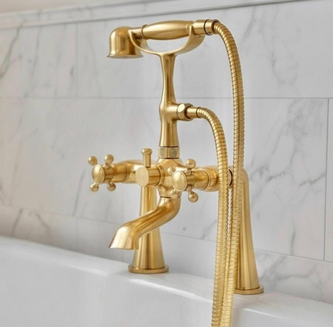 Unlacquered Brass Deck-Mount Telephone Tub Faucet | Hand Shower