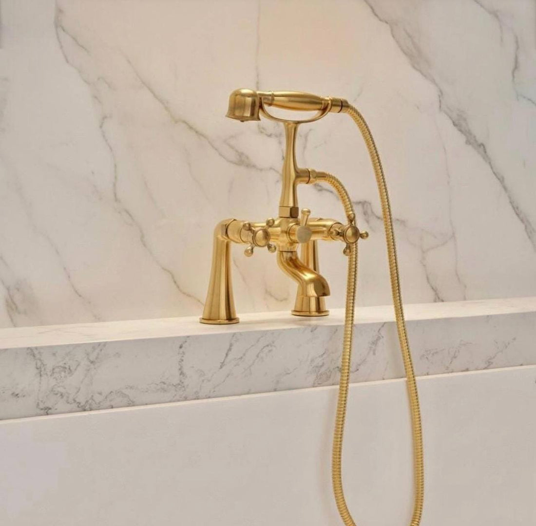 Unlacquered Brass Deck-Mount Telephone Tub Faucet | Hand Shower