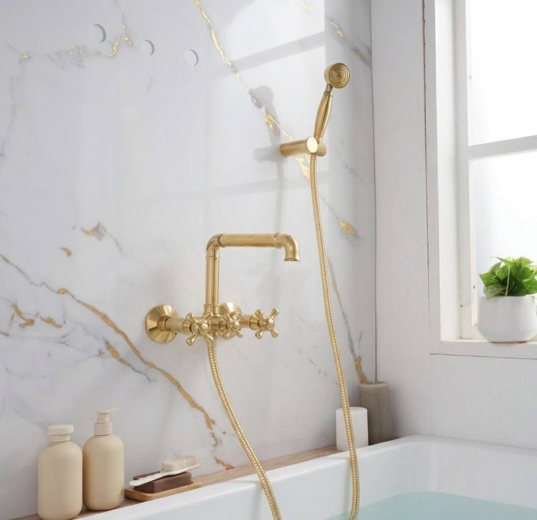 Auren Unlacquered Brass Clawfoot Tub Faucet | Hand Shower
