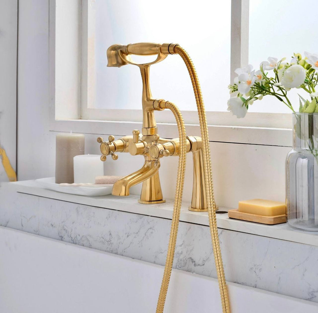 Unlacquered Brass Deck-Mount Telephone Tub Faucet | Hand Shower