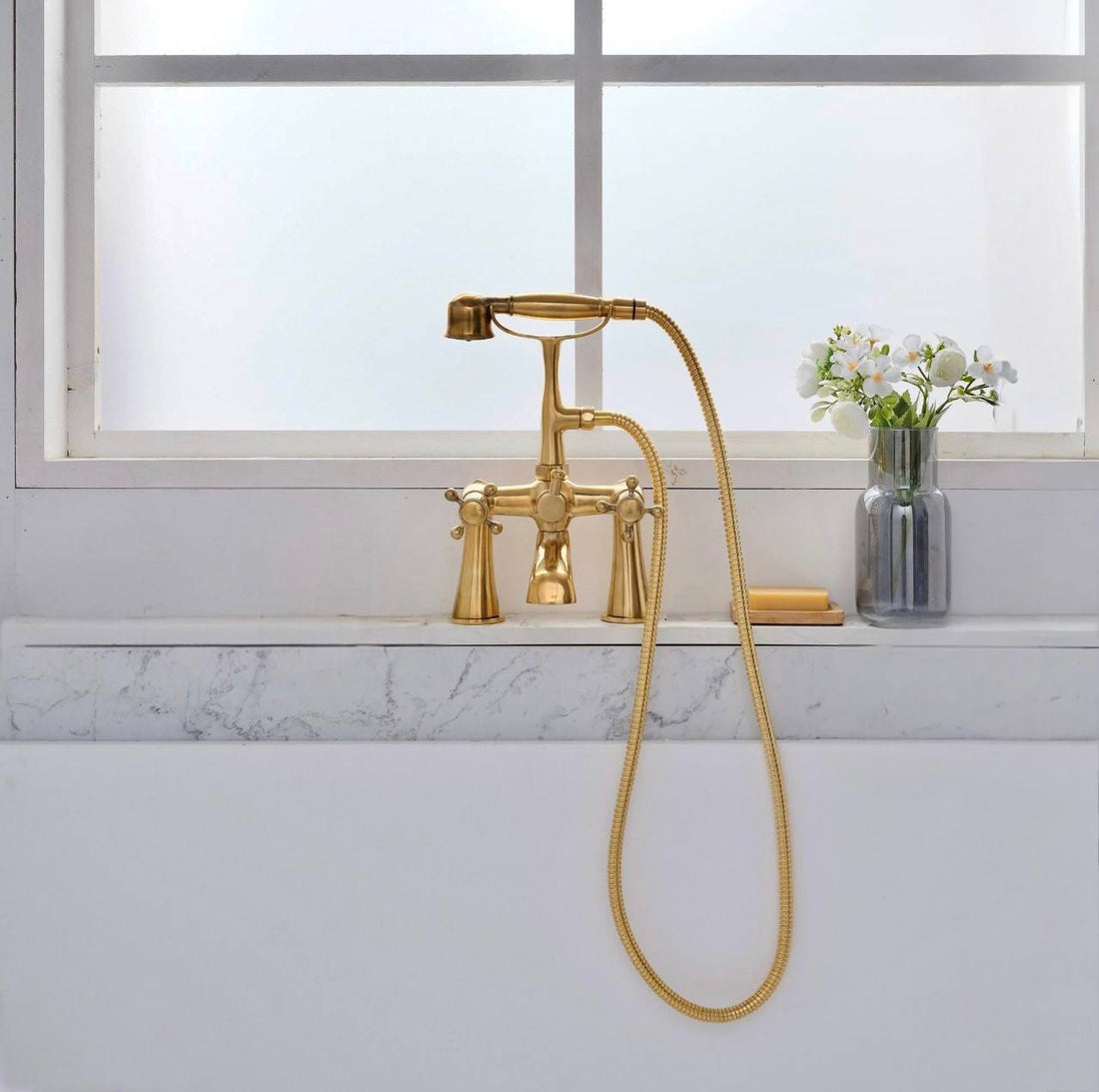 Unlacquered Brass Deck-Mount Telephone Tub Faucet | Hand Shower