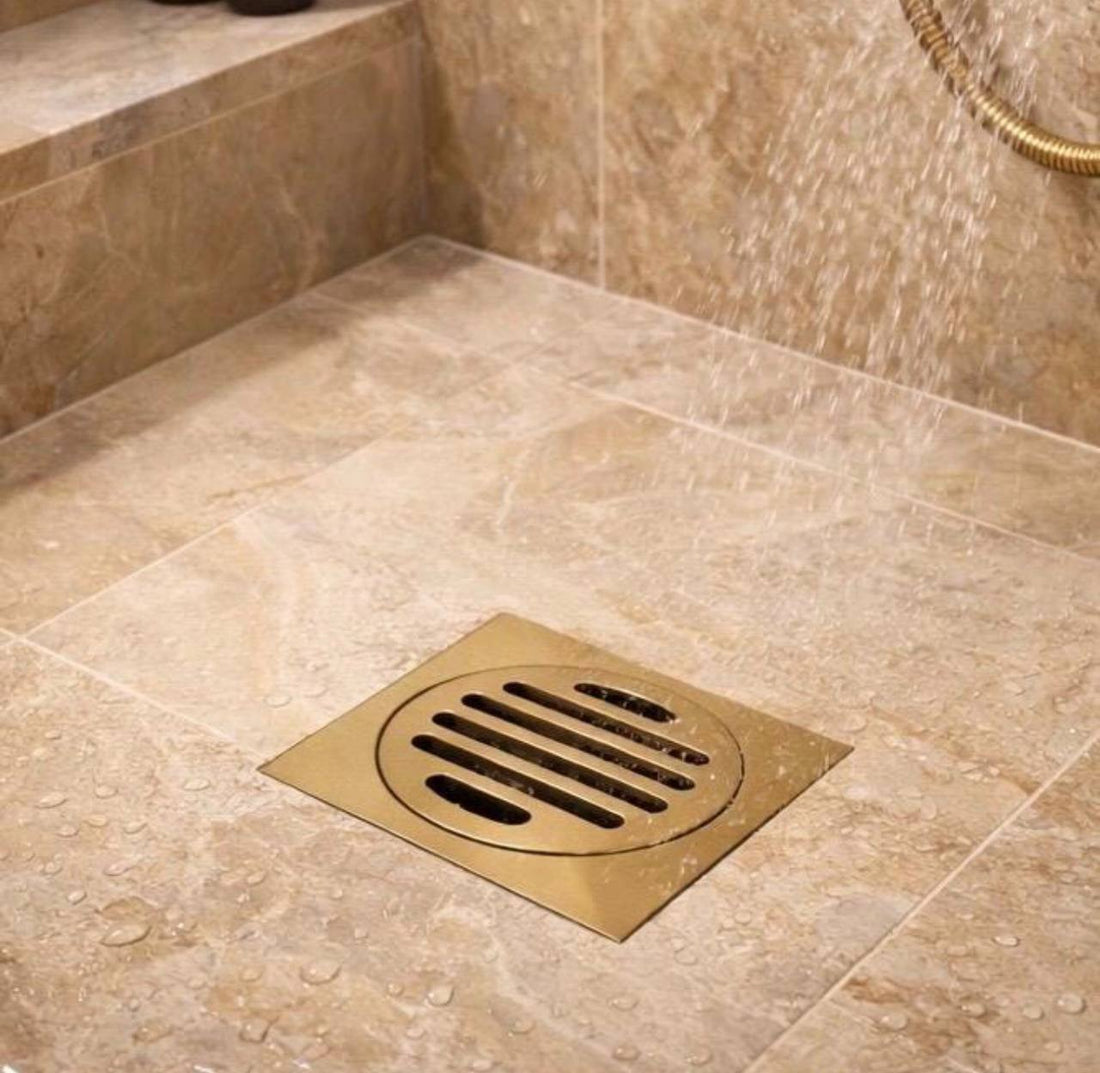 Aurelio Unlacquered Brass 4" Square Shower Floor Drain