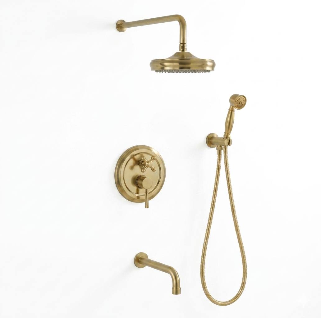 Unlacquered Brass Rain Shower Combo with Handheld & Tub Spout