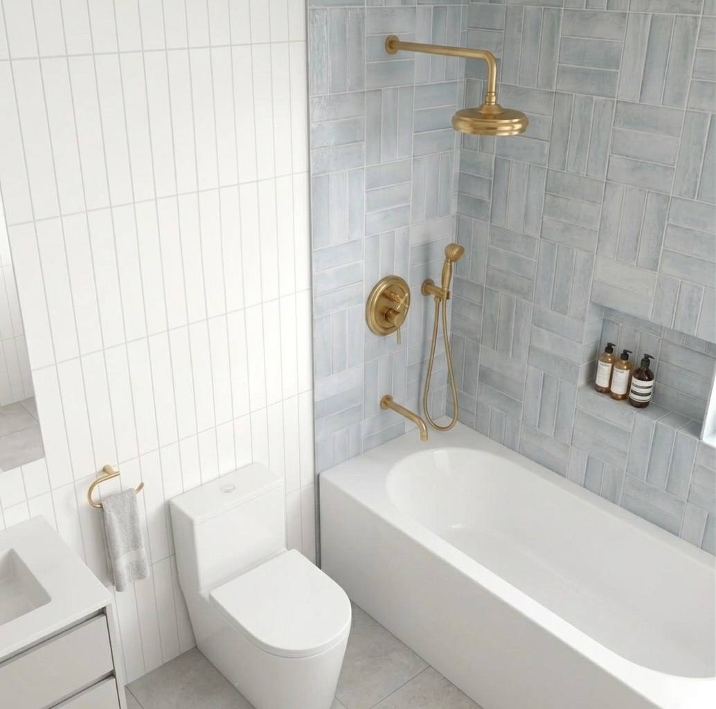 Unlacquered Brass Rain Shower Combo with Handheld & Tub Spout