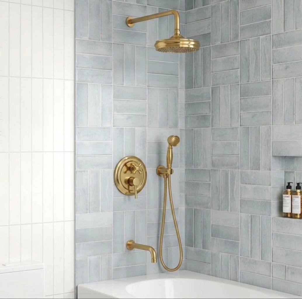 Unlacquered Brass Rain Shower Combo with Handheld & Tub Spout