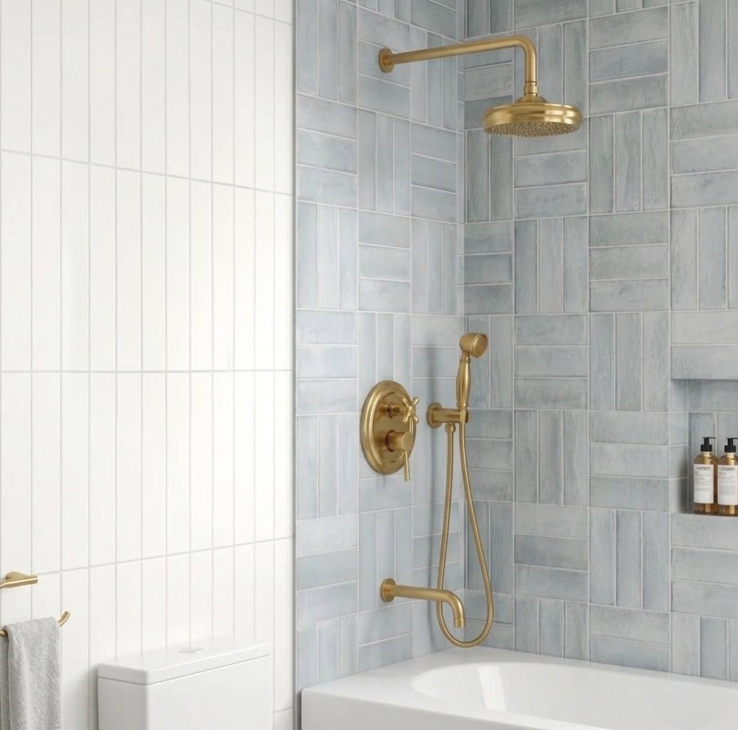 Unlacquered Brass Rain Shower Combo with Handheld & Tub Spout