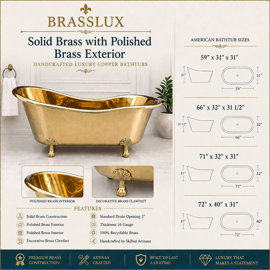 Solid Brass Freestanding Clawfoot Bathtub