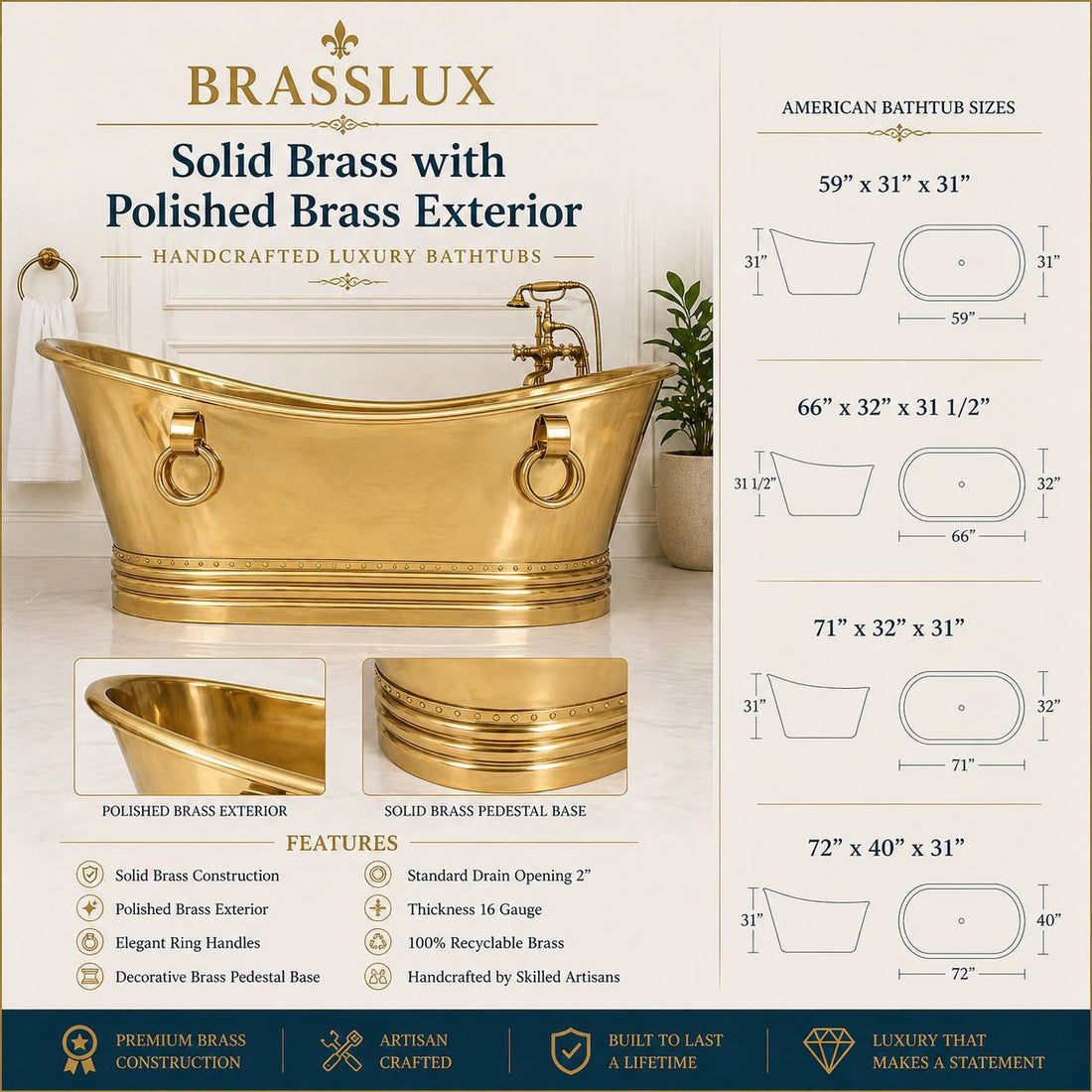 Solid Brass Freestanding Bathtub with Ring Handles