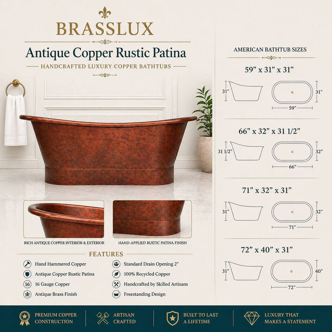 Rustic Antique Copper Freestanding Bathtub