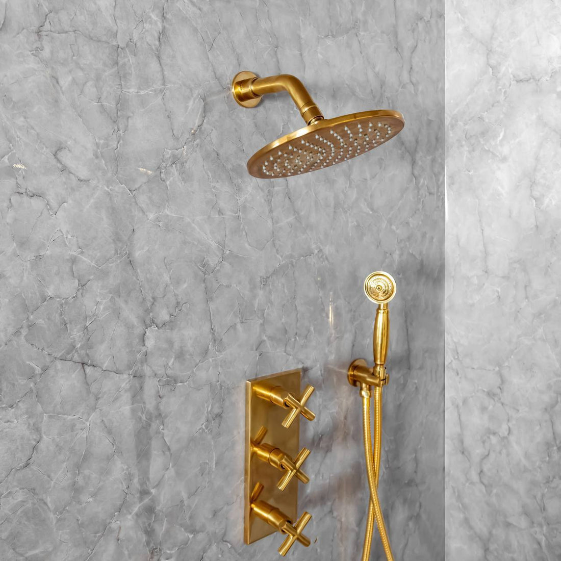 Richmond Unlacquered Brass Shower System – Rain Shower with Handheld Shower