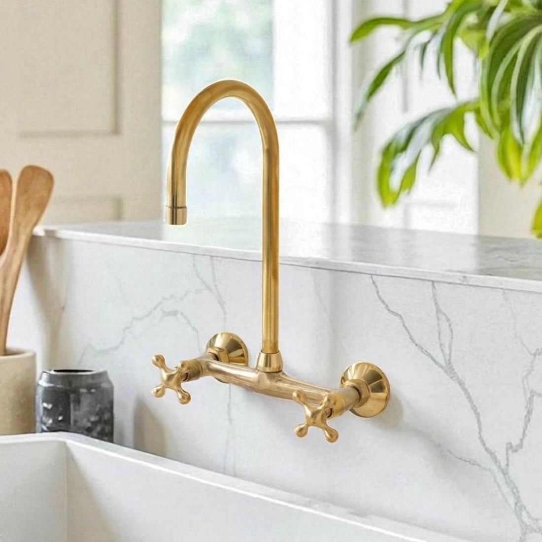 Rosamy Wall-Mount Kitchen Faucet – Unlacquered Brass