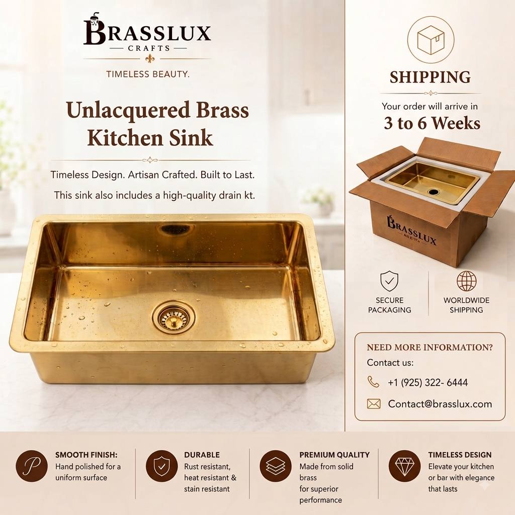 Solid Unlacquered Brass Farmhouse Kitchen Sink