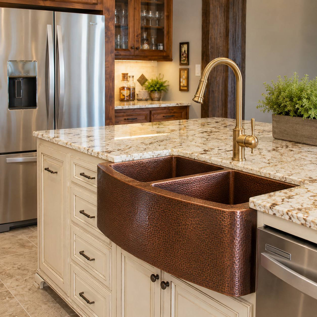 50/50 Curved Farmhouse Hand-Hammered Copper Kitchen Sink