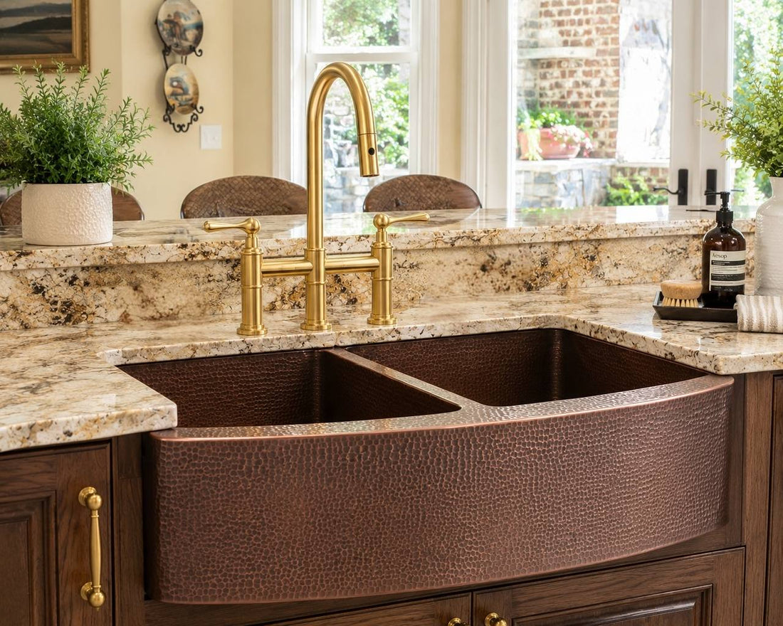 50/50 Curved Farmhouse Hand-Hammered Copper Kitchen Sink