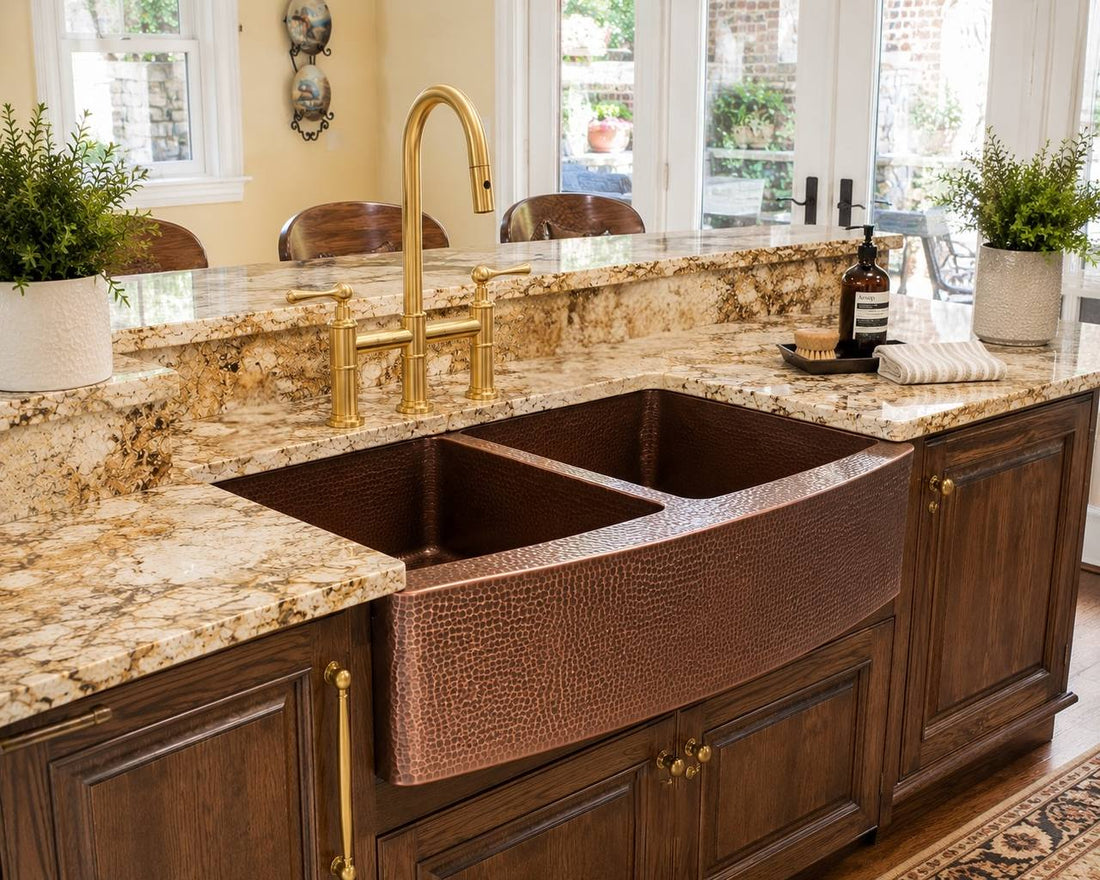 50/50 Curved Farmhouse Hand-Hammered Copper Kitchen Sink