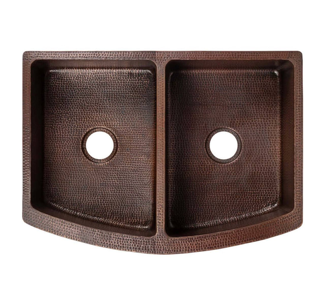 50/50 Curved Farmhouse Hand-Hammered Copper Kitchen Sink