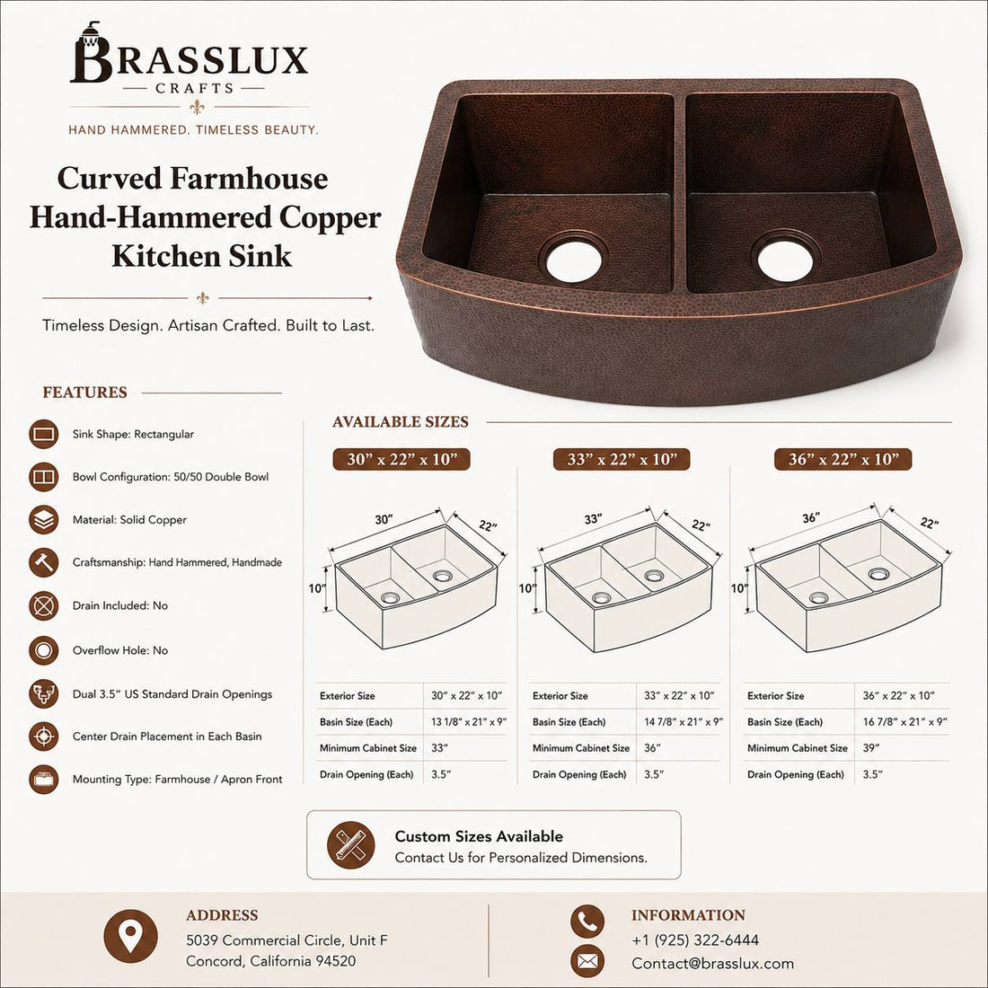 50/50 Curved Farmhouse Hand-Hammered Copper Kitchen Sink