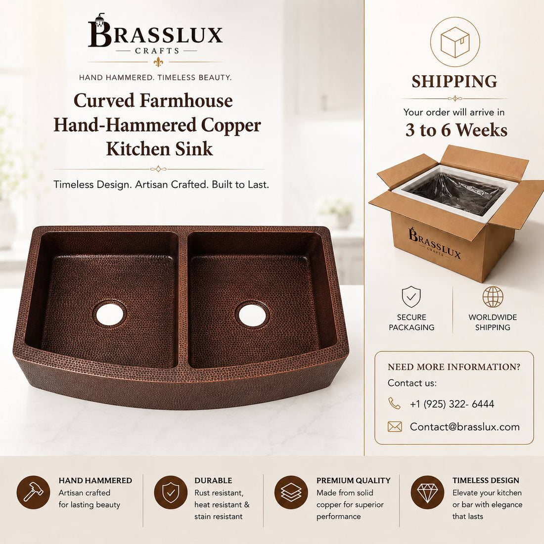 50/50 Curved Farmhouse Hand-Hammered Copper Kitchen Sink