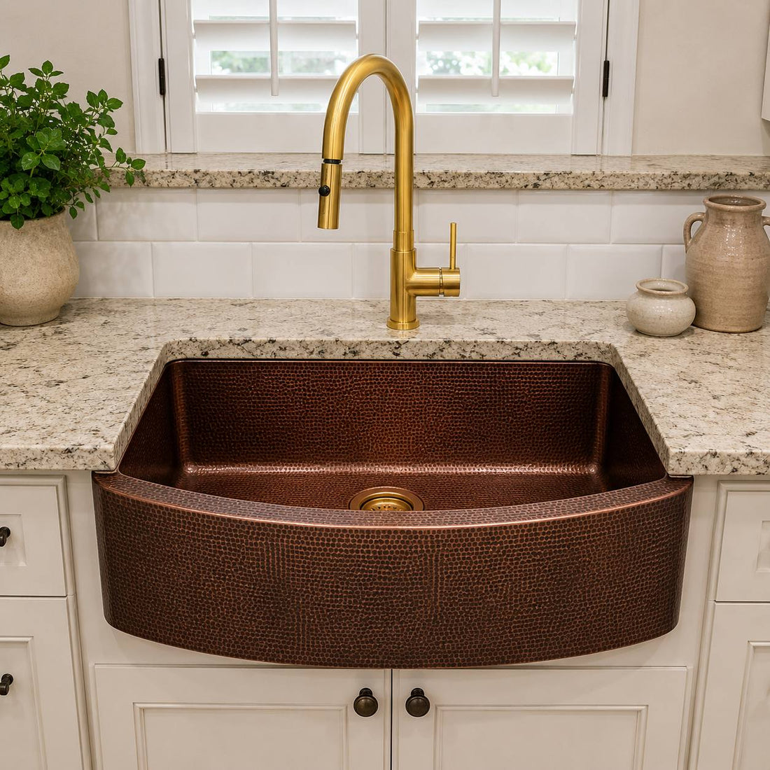 Curved Farmhouse Hand-Hammered Copper Kitchen Sink