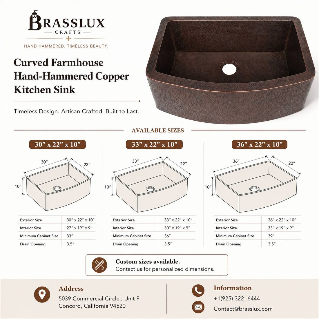 Curved Farmhouse Hand-Hammered Copper Kitchen Sink