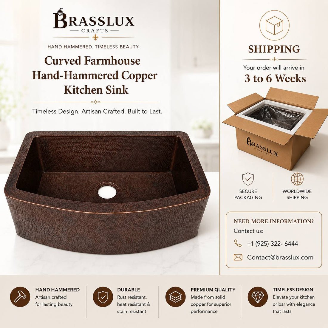 Curved Farmhouse Hand-Hammered Copper Kitchen Sink