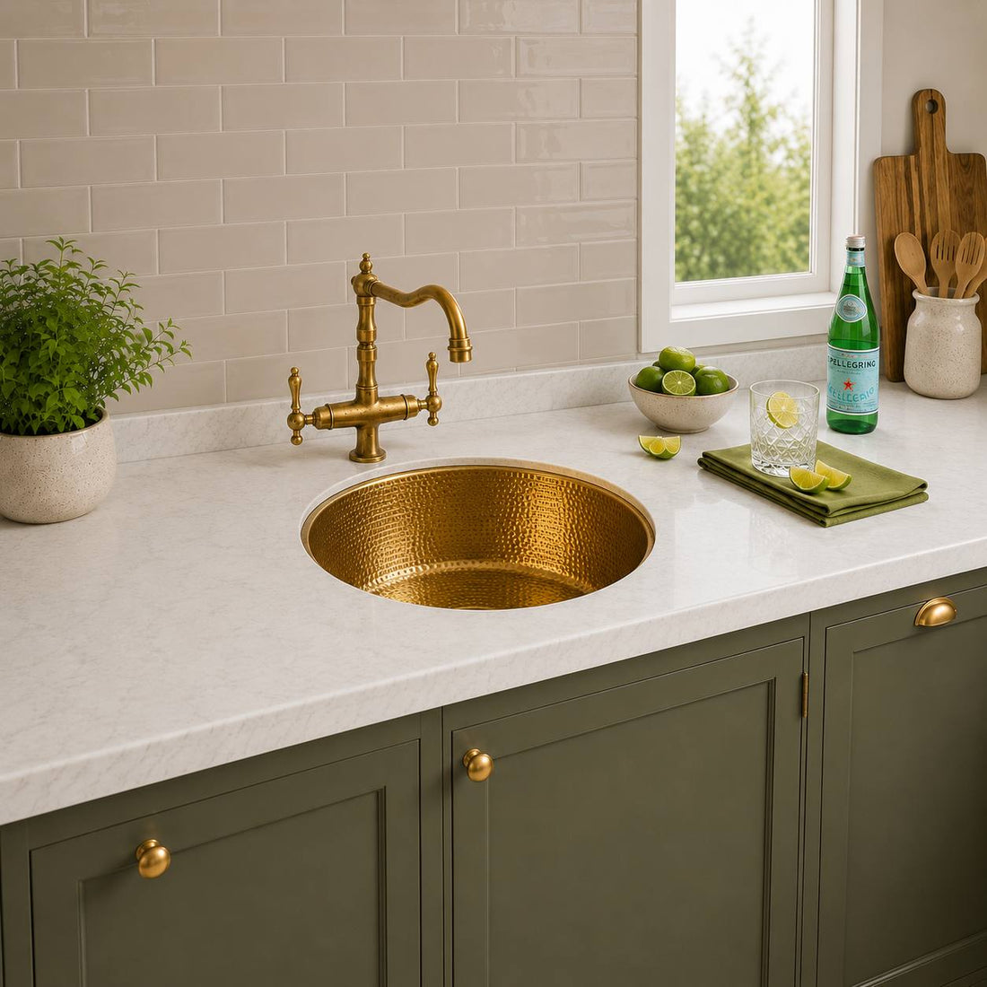 Round Hammered Unlacquered Brass Bar Sink
