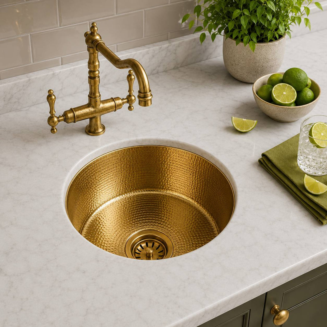 Round Hammered Unlacquered Brass Bar Sink
