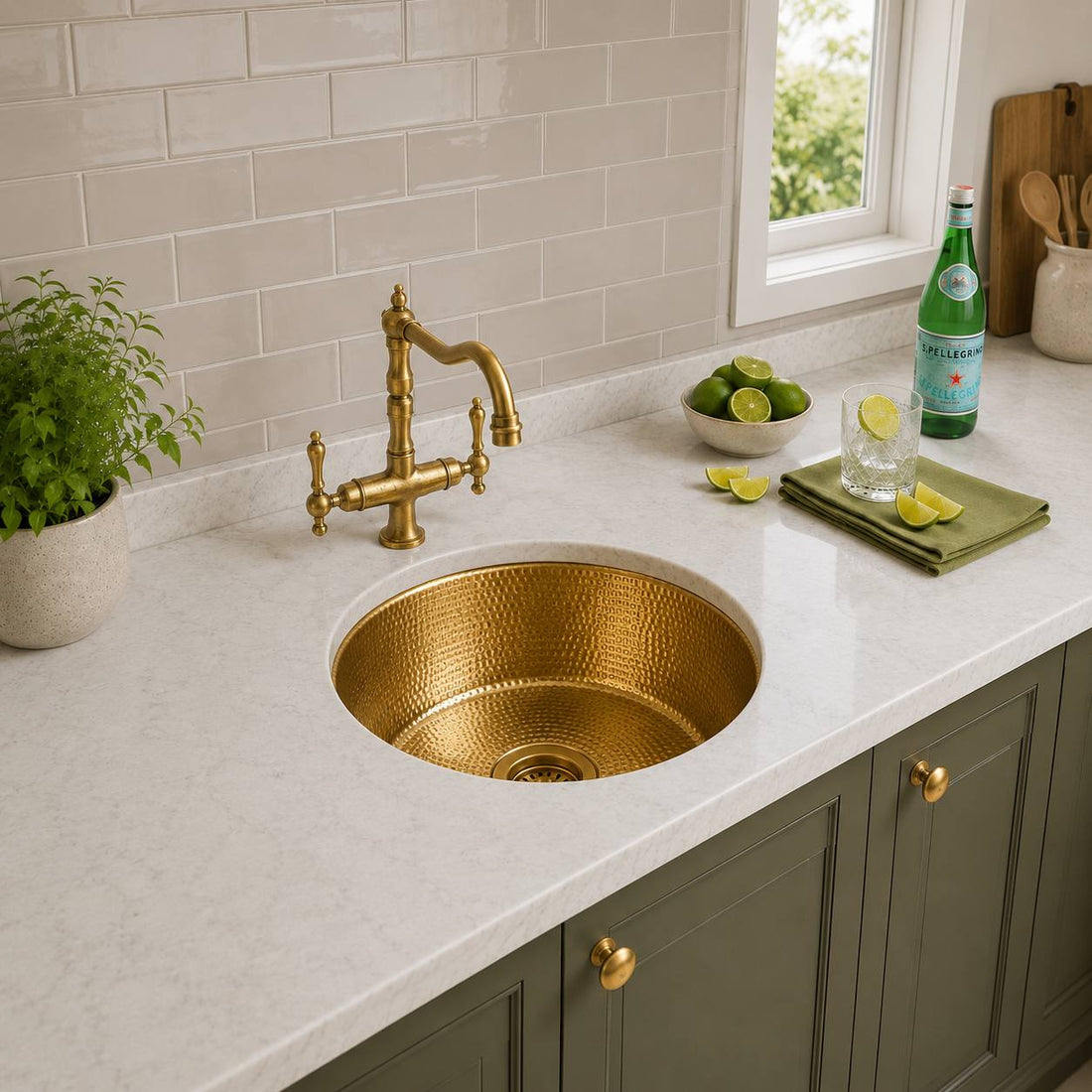 Round Hammered Unlacquered Brass Bar Sink