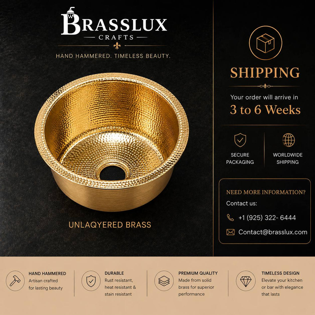 Round Hammered Unlacquered Brass Bar Sink