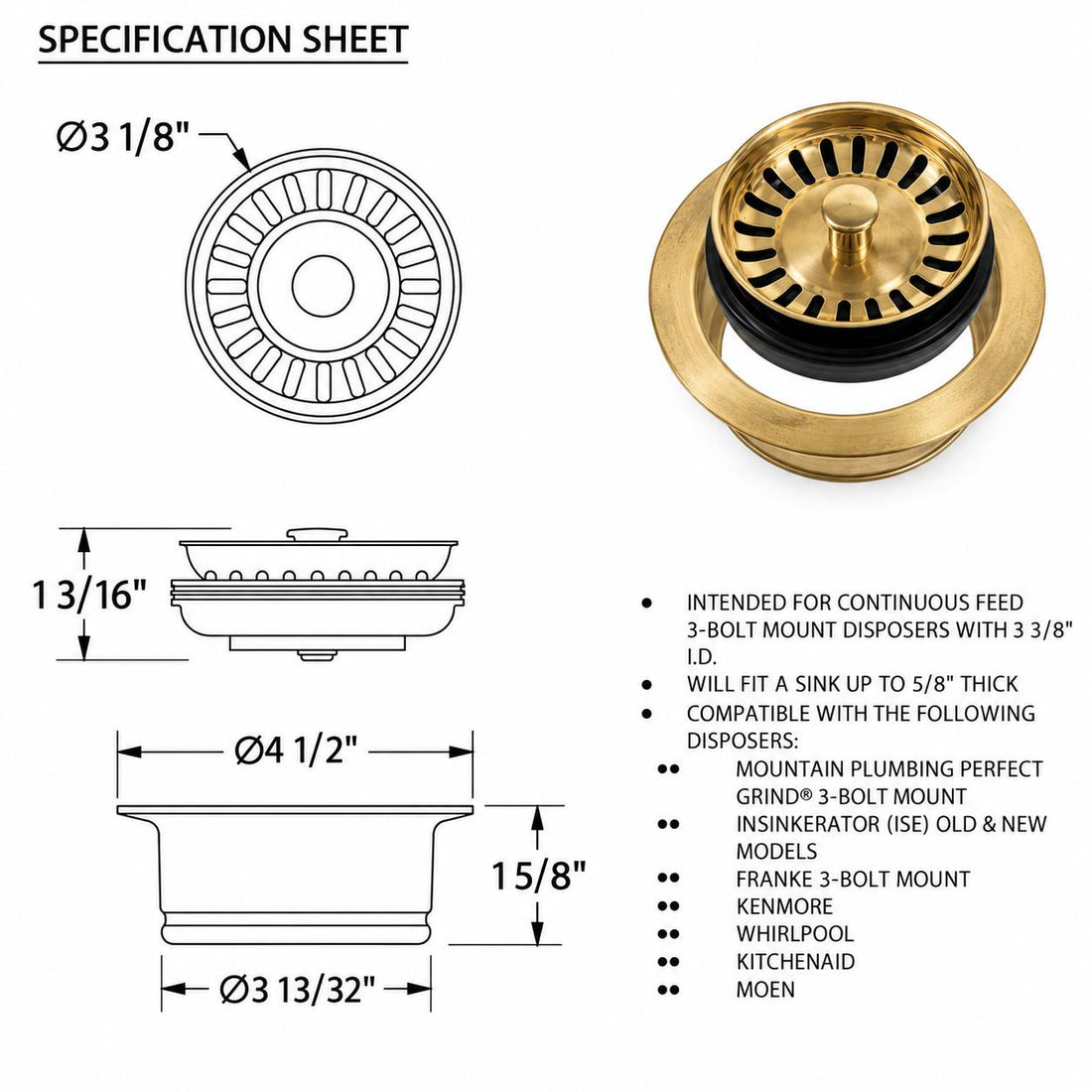 Heavy-Duty Disposal Flange & Strainer – Unlacquered Brass