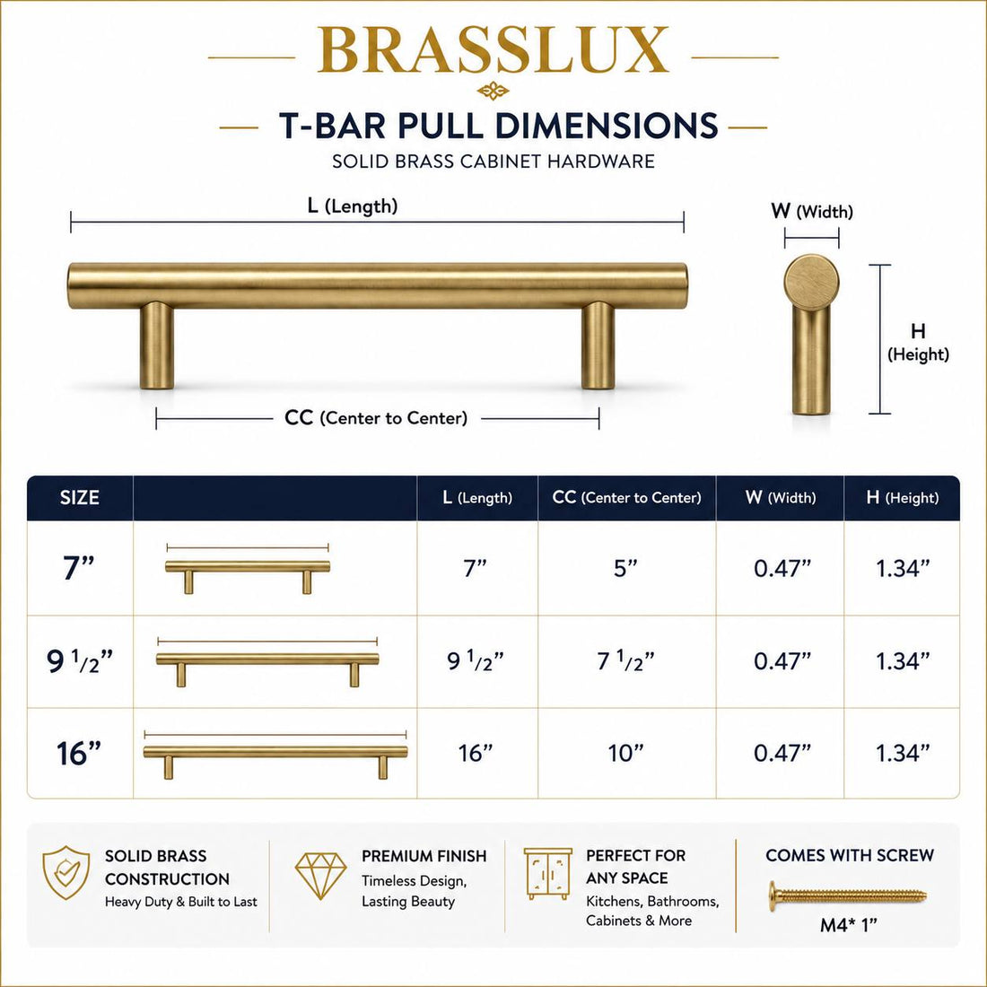 Unlacquered Brass T-Bar Cabinet Pulls